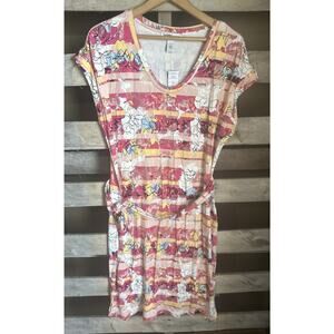 WHBM Scoop Neck T-Shirt Midi Dress Size Large Floral Mixed Stripe Pink Belted